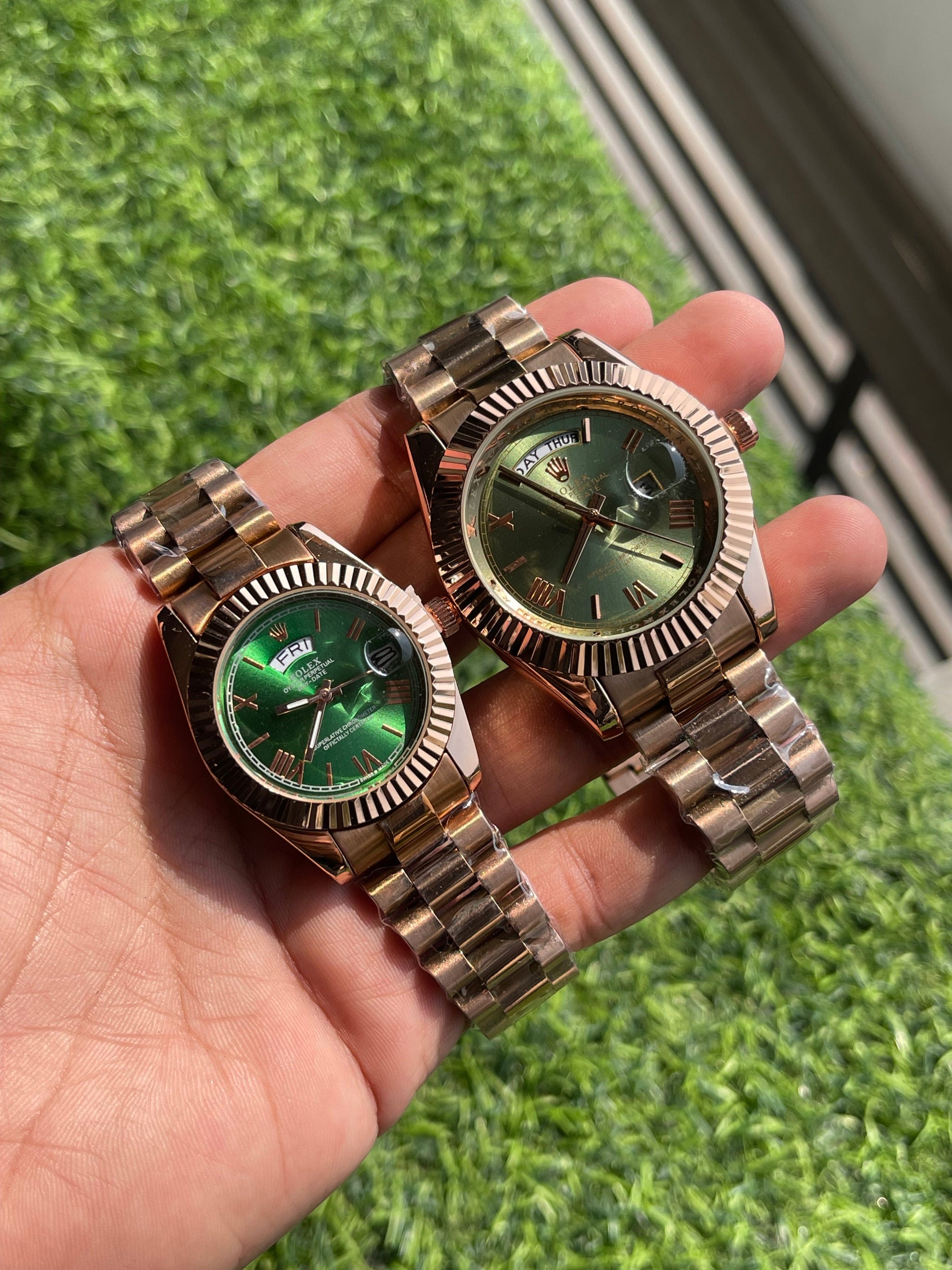 Copper-Green RLX Couple Watch Set – Luxury Inspired Edition