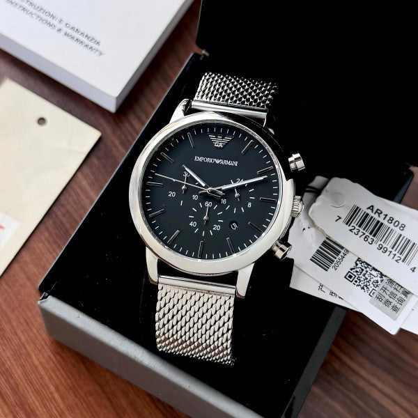 EMPORIO ARMANI LUIGI SILVER BLACK CHAIN BELT WATCH