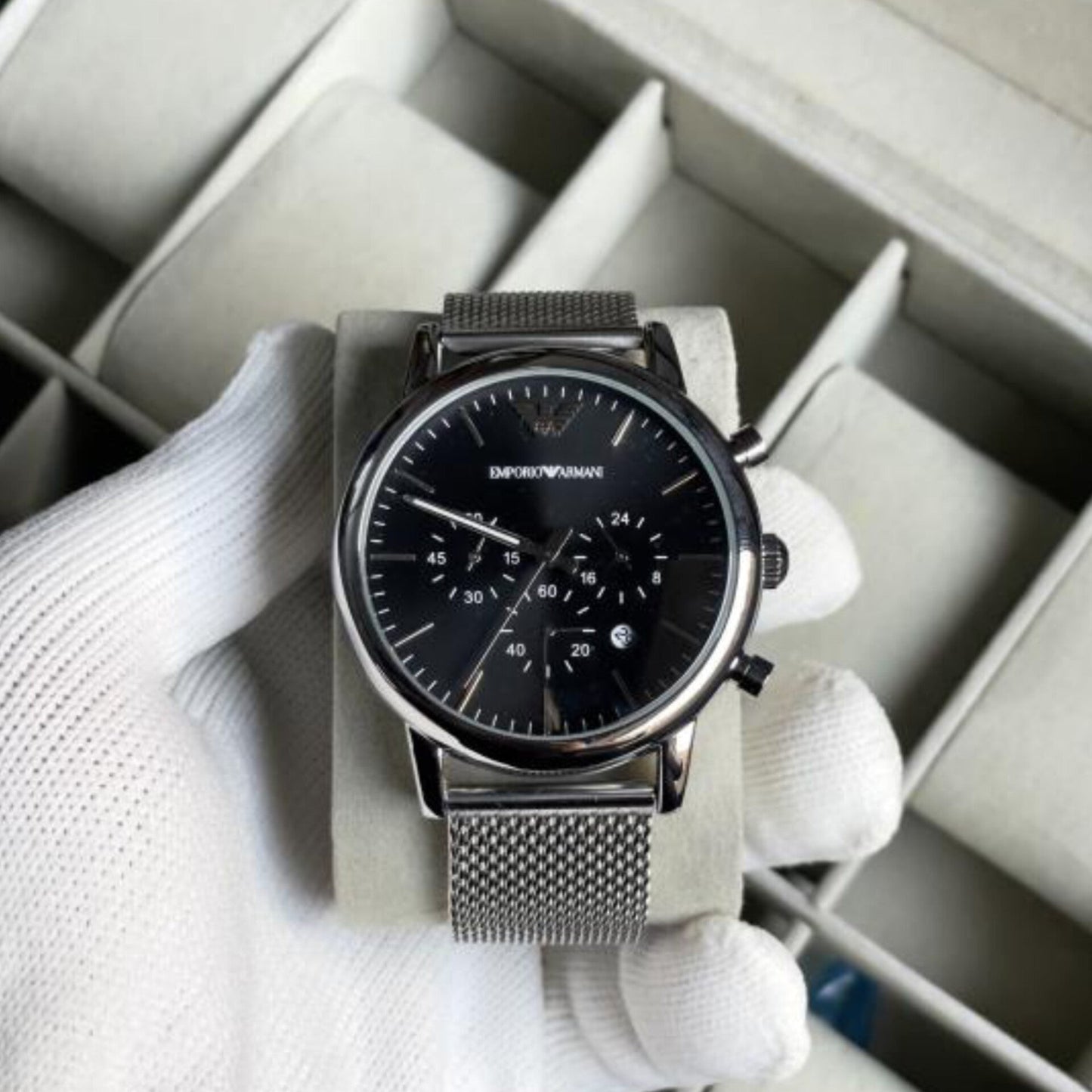 EMPORIO ARMANI LUIGI SILVER BLACK CHAIN BELT WATCH