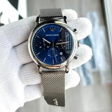 EMPORIO ARMANI LUIGI SILVER BLUE CHAIN BELT WATCH